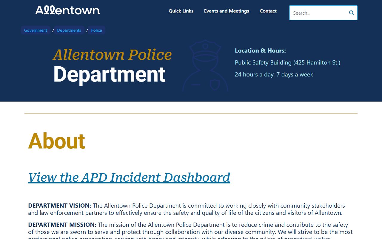 Allentown Police Department page showing citation process for Allentown traffic court records