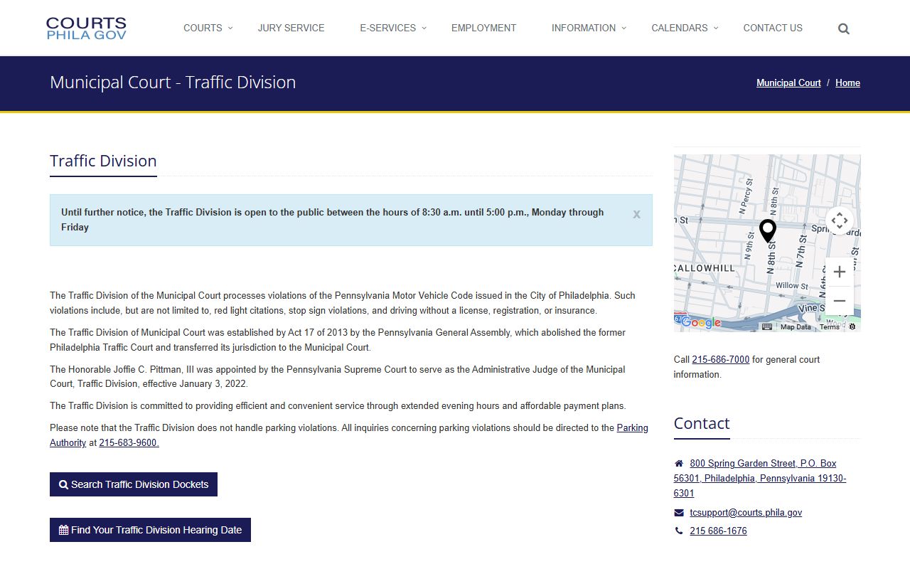 Philadelphia Municipal Court Traffic Division page for traffic court records