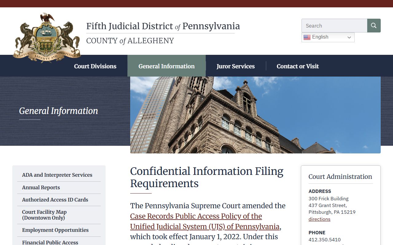 Allegheny County public access policy page governing Pittsburgh traffic court records