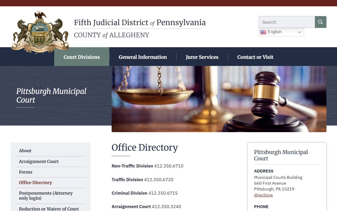 Pittsburgh Municipal Court office directory page listing Traffic Division contact information