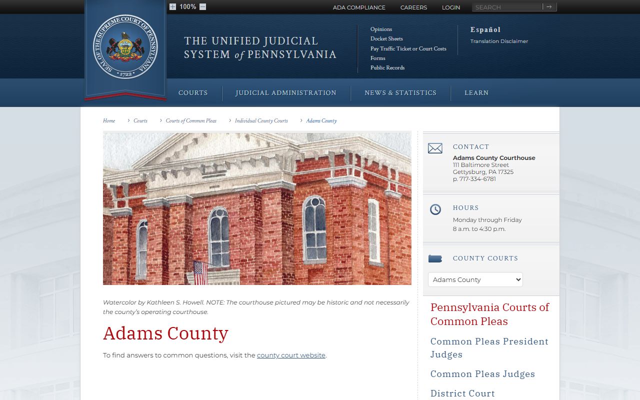 Adams County traffic court records on the Pennsylvania Courts website