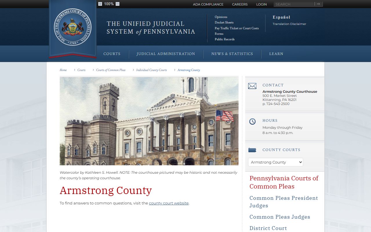 Armstrong County traffic court records on the Pennsylvania Courts website
