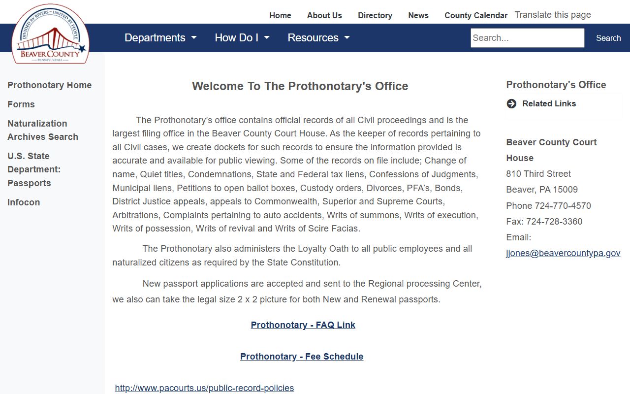 Beaver County Prothonotary office for civil traffic court record access