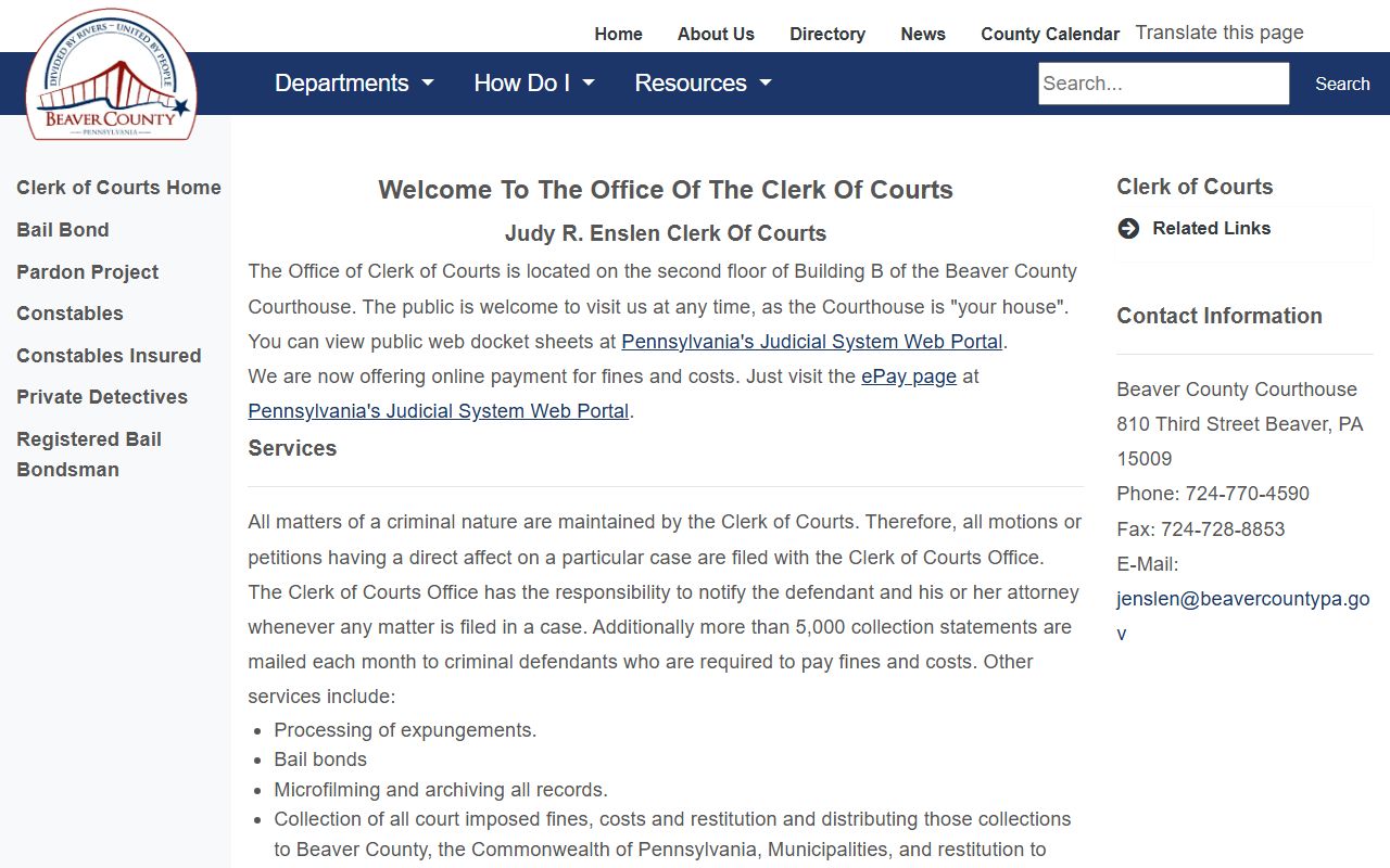 Beaver County Clerk of Courts for traffic court records