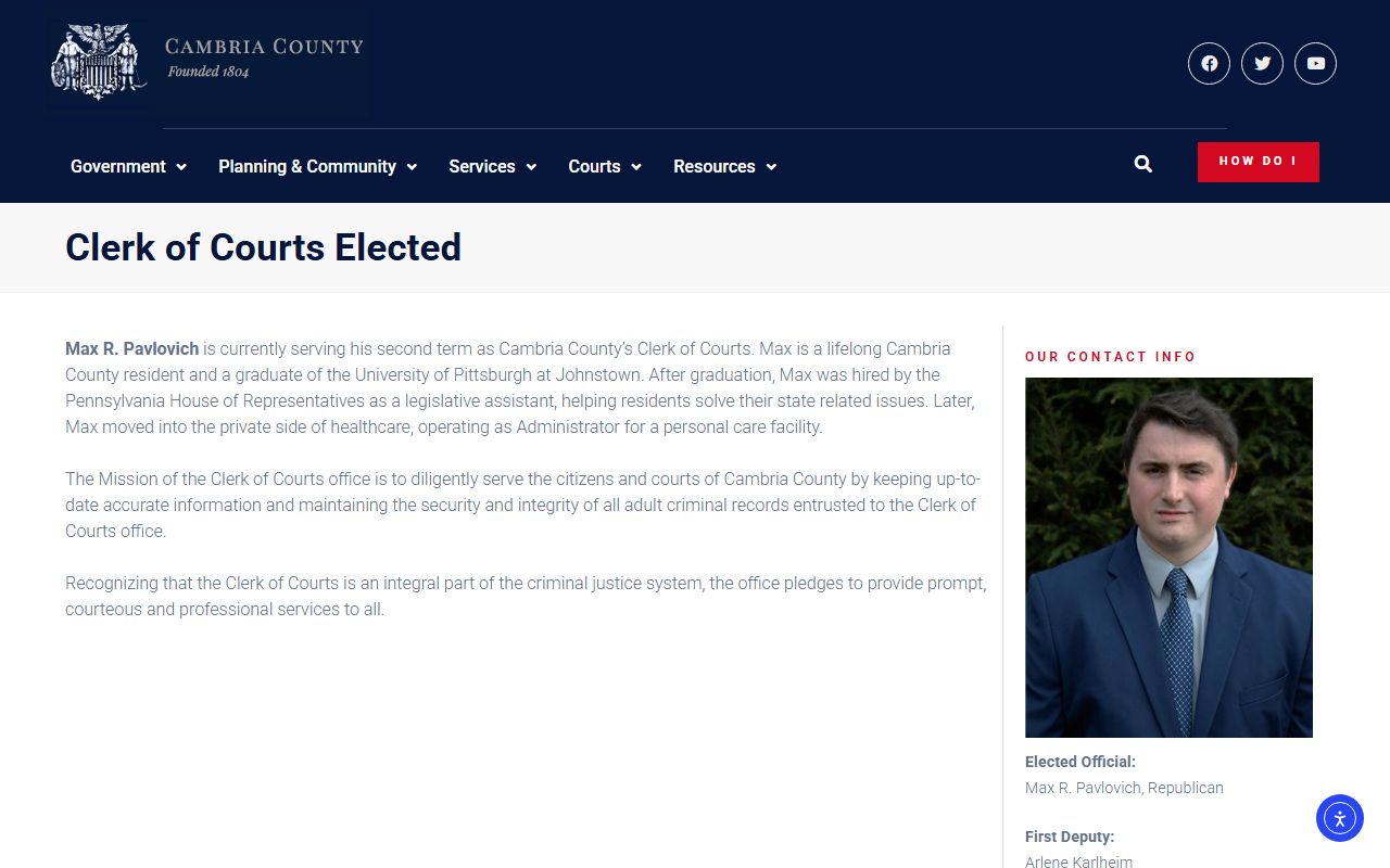 Cambria County Clerk of Courts department page for criminal traffic court records