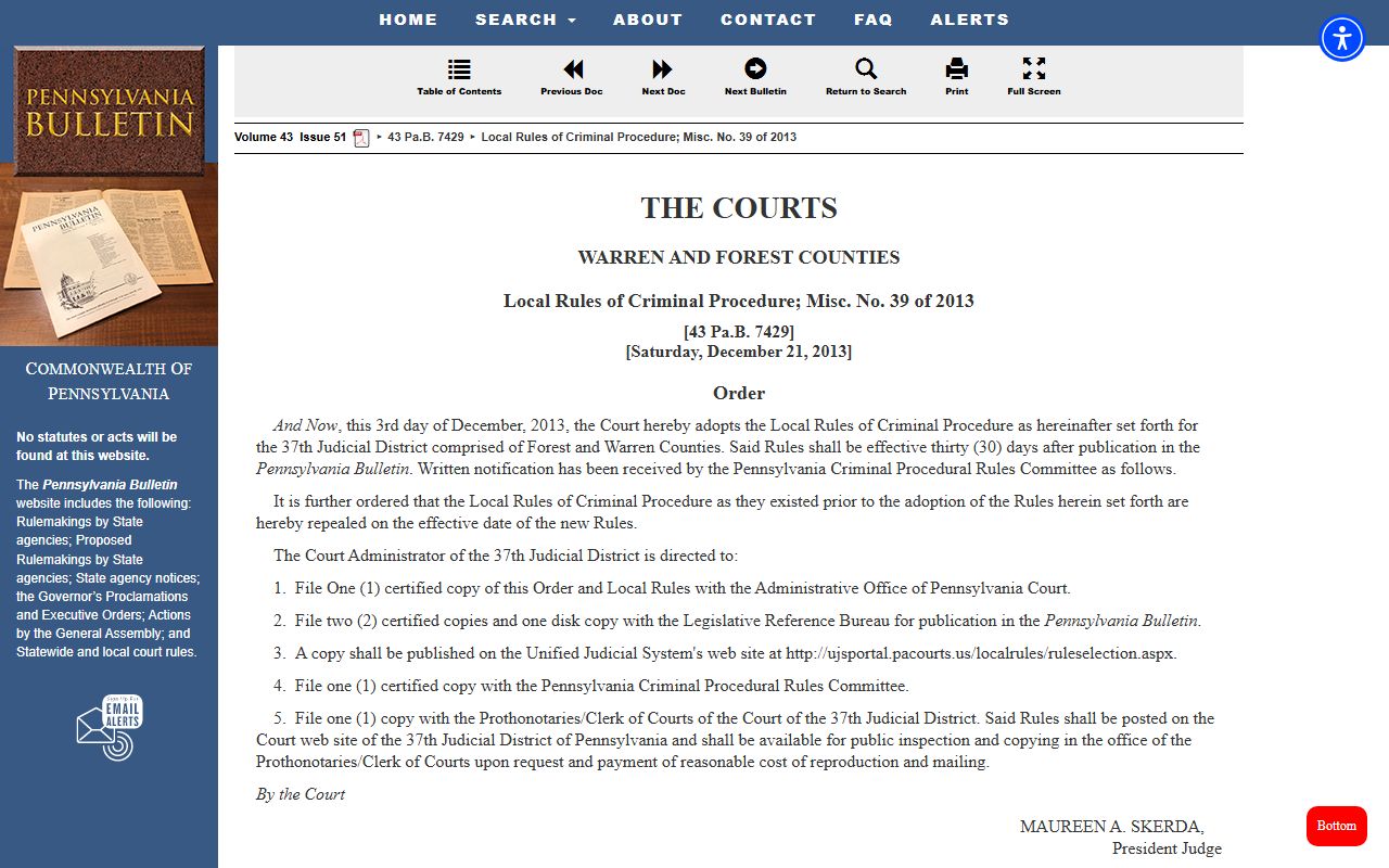 37th Judicial District local rules for Forest County traffic court records