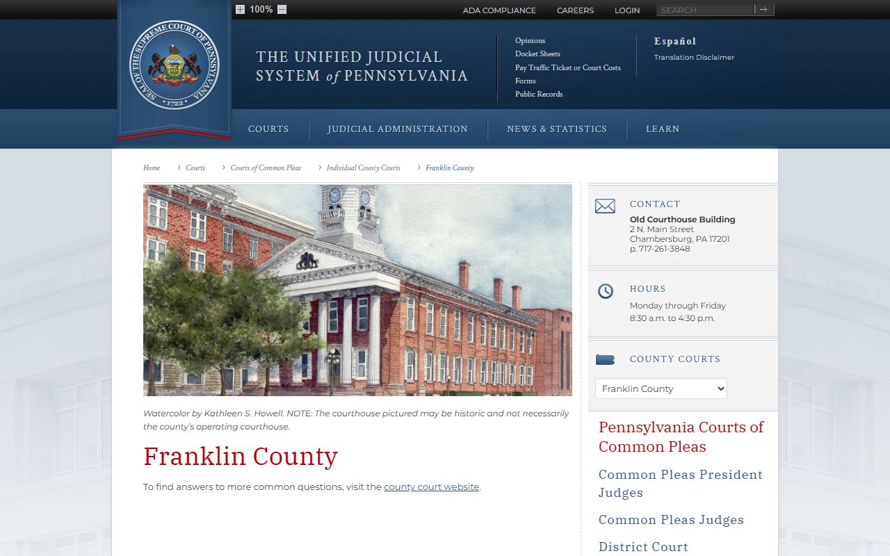 Franklin County Pennsylvania Courts listing for traffic court records