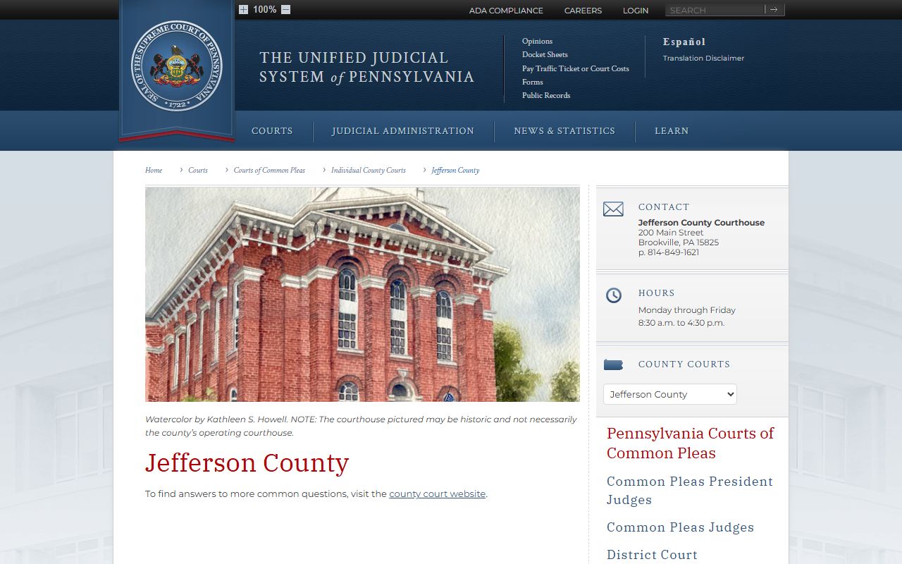 Jefferson County Pennsylvania Courts page for traffic court records lookup