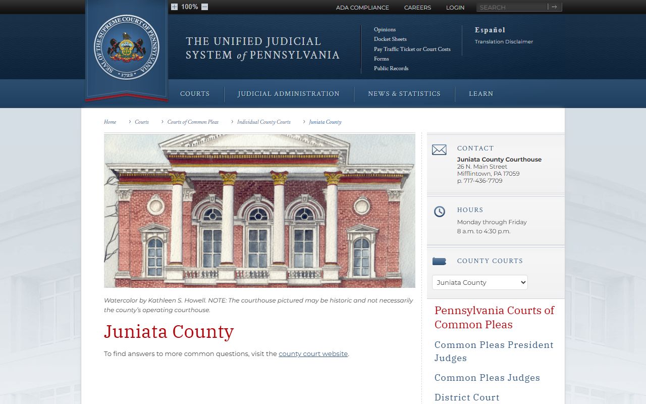 Juniata County Pennsylvania Courts website for traffic court records
