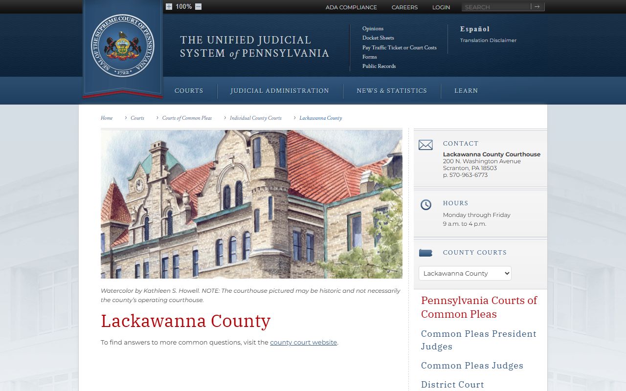 Lackawanna County Pennsylvania Courts page for traffic record access