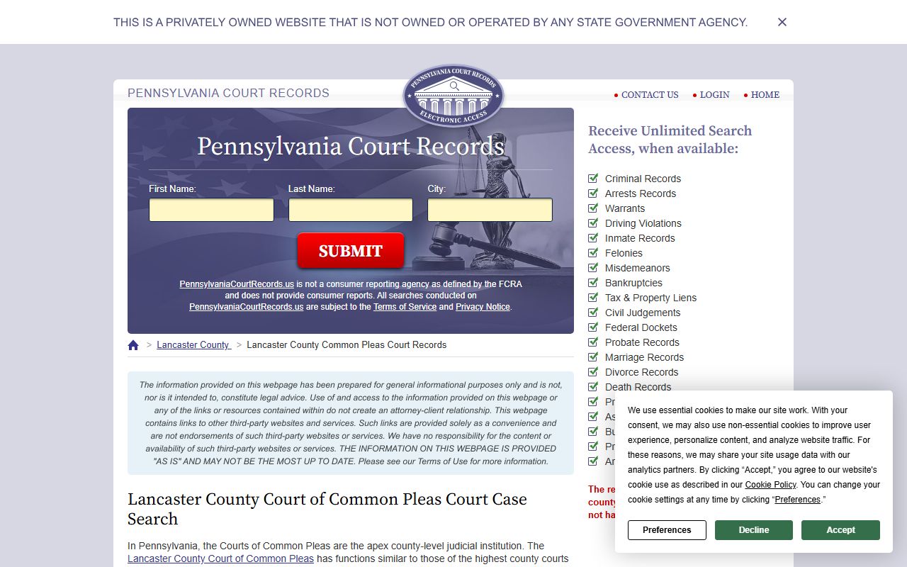 Lancaster County Common Pleas Court Records search page