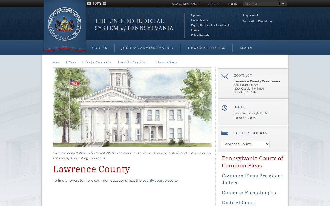 Lawrence County Pennsylvania Courts page for the 53rd Judicial District traffic court records