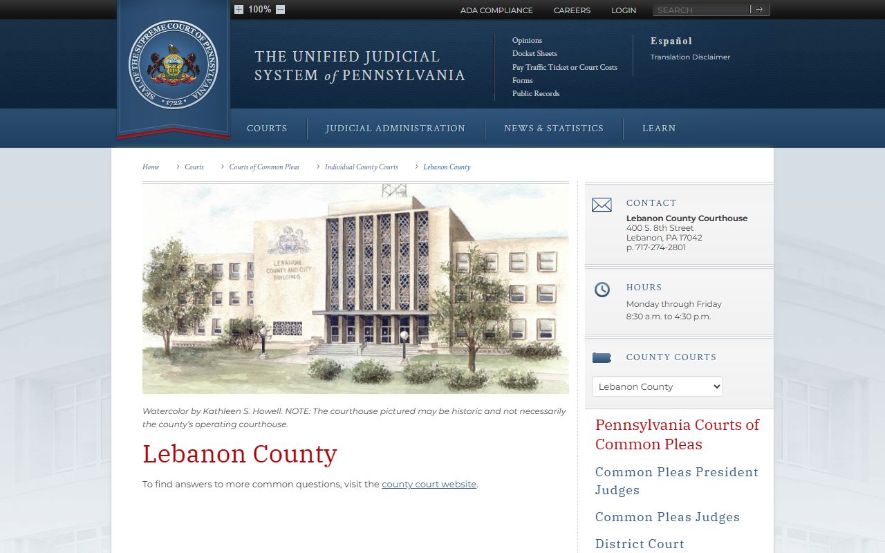 Pennsylvania Courts website page for Lebanon County traffic court records