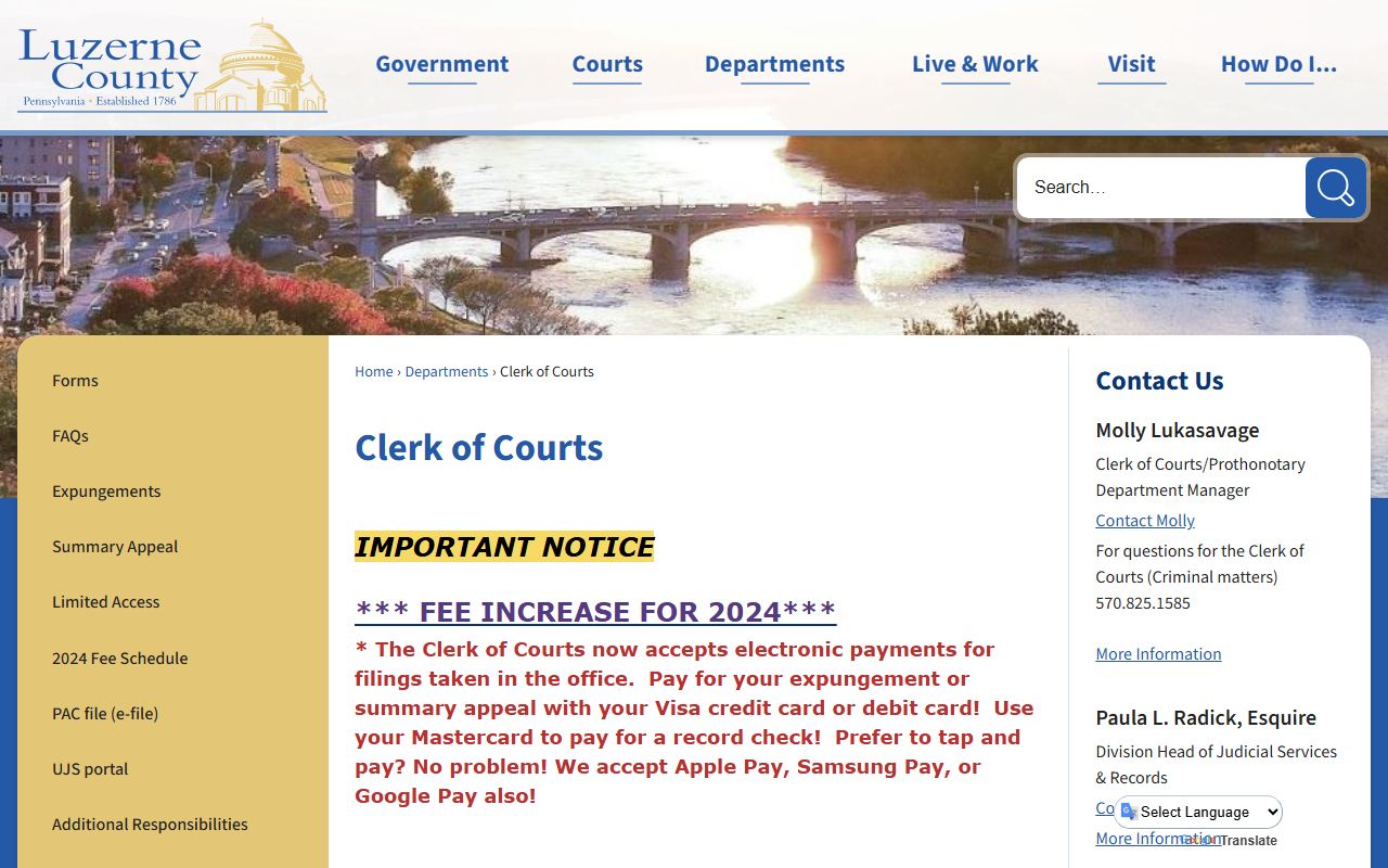 Luzerne County Clerk of Courts website for traffic court records