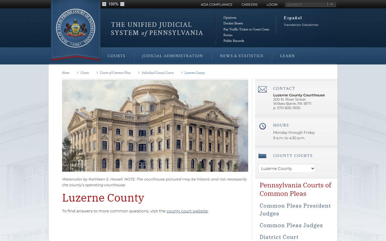 Pennsylvania Courts website page for Luzerne County traffic court records