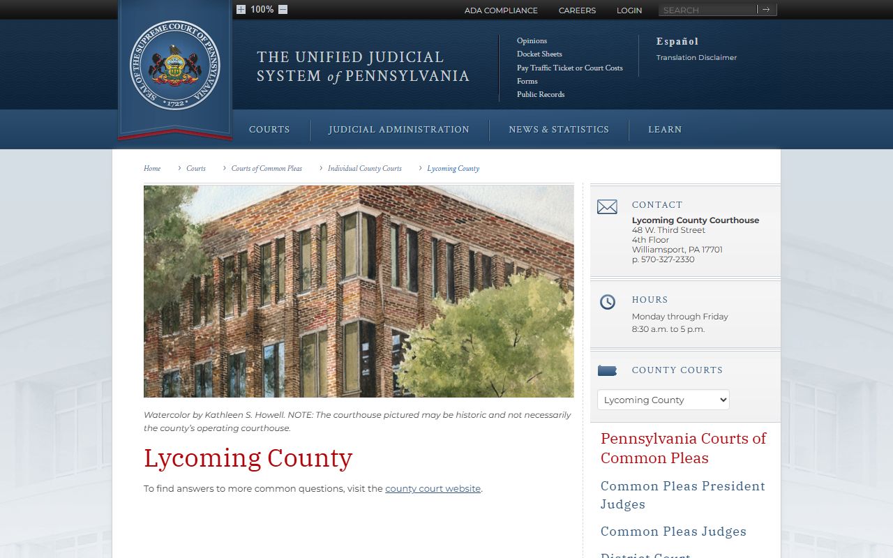 Pennsylvania Courts page for Lycoming County court structure and traffic records
