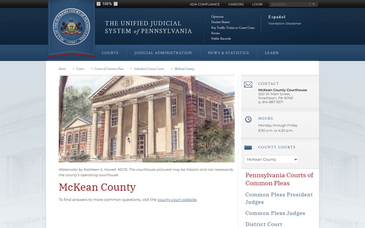 Pennsylvania Courts page for McKean County traffic court records and judicial district