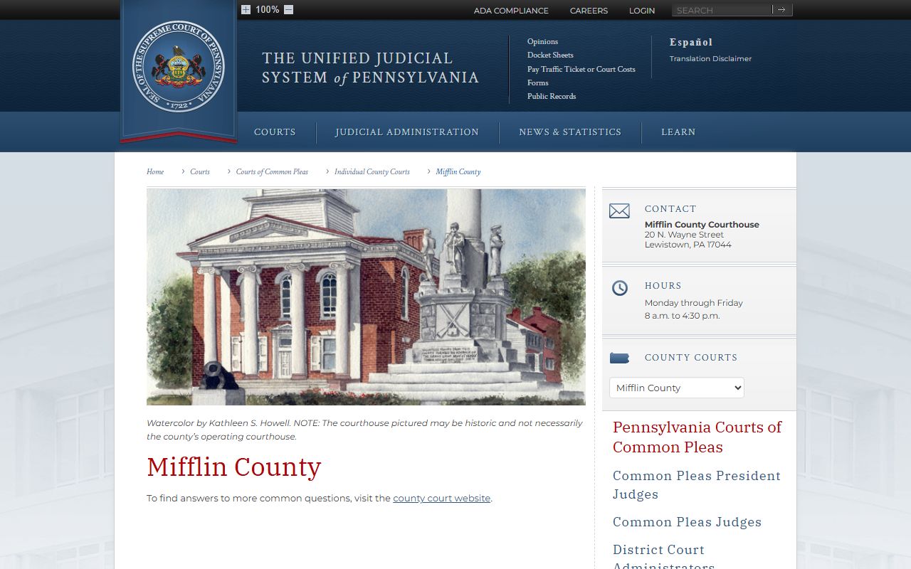 Pennsylvania Courts page for Mifflin County 58th Judicial District traffic records