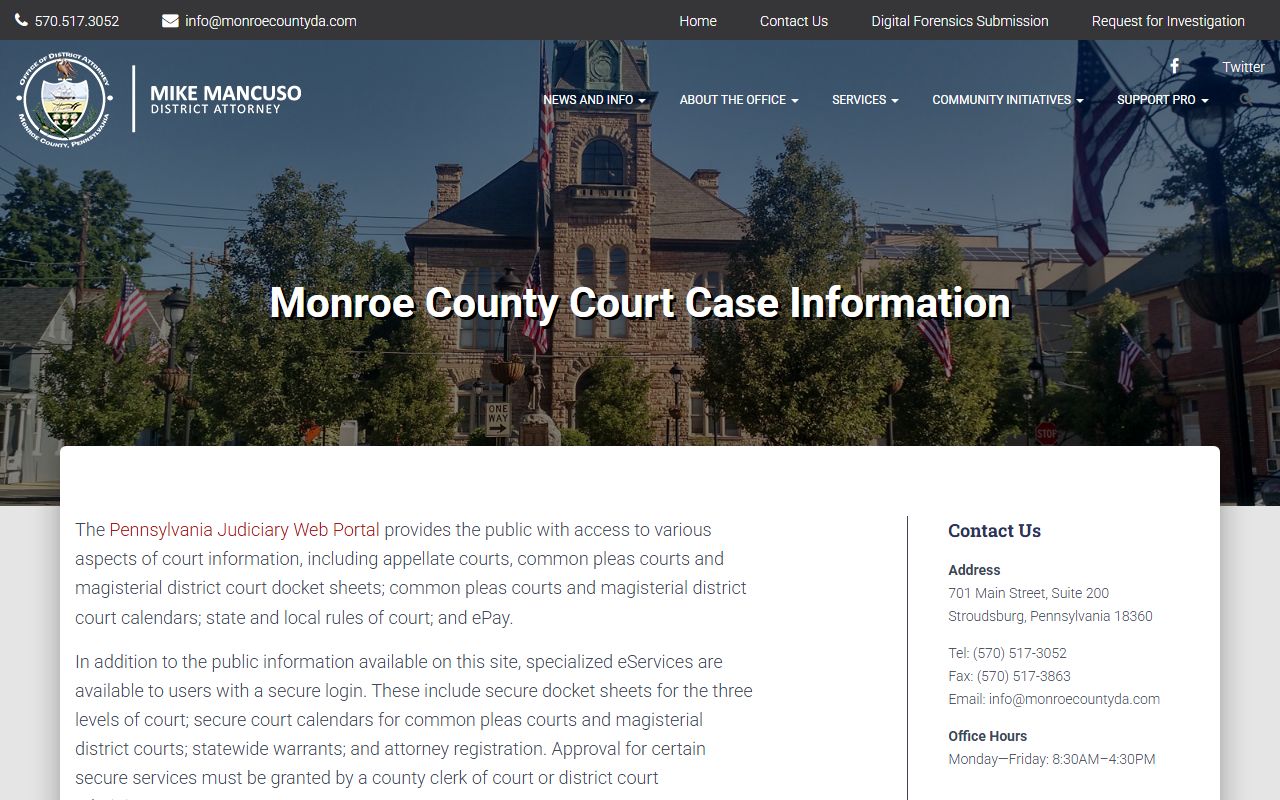 Monroe County District Attorney case information page for traffic court records