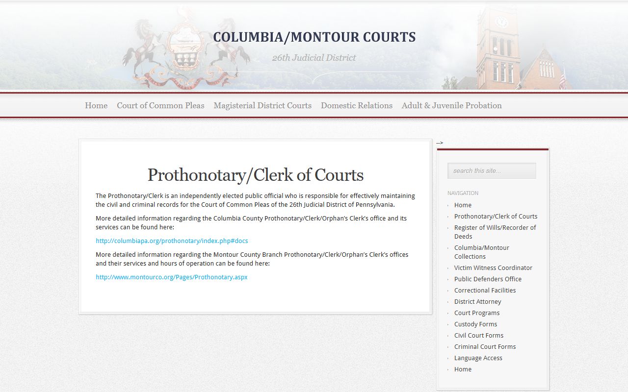Montour County Prothonotary and Clerk of Courts for 26th Judicial District traffic records