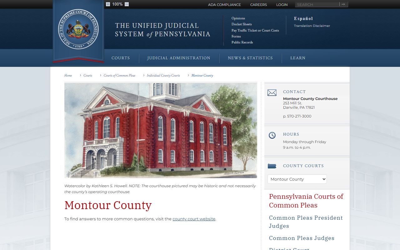 Pennsylvania Courts page for Montour County 26th Judicial District traffic records