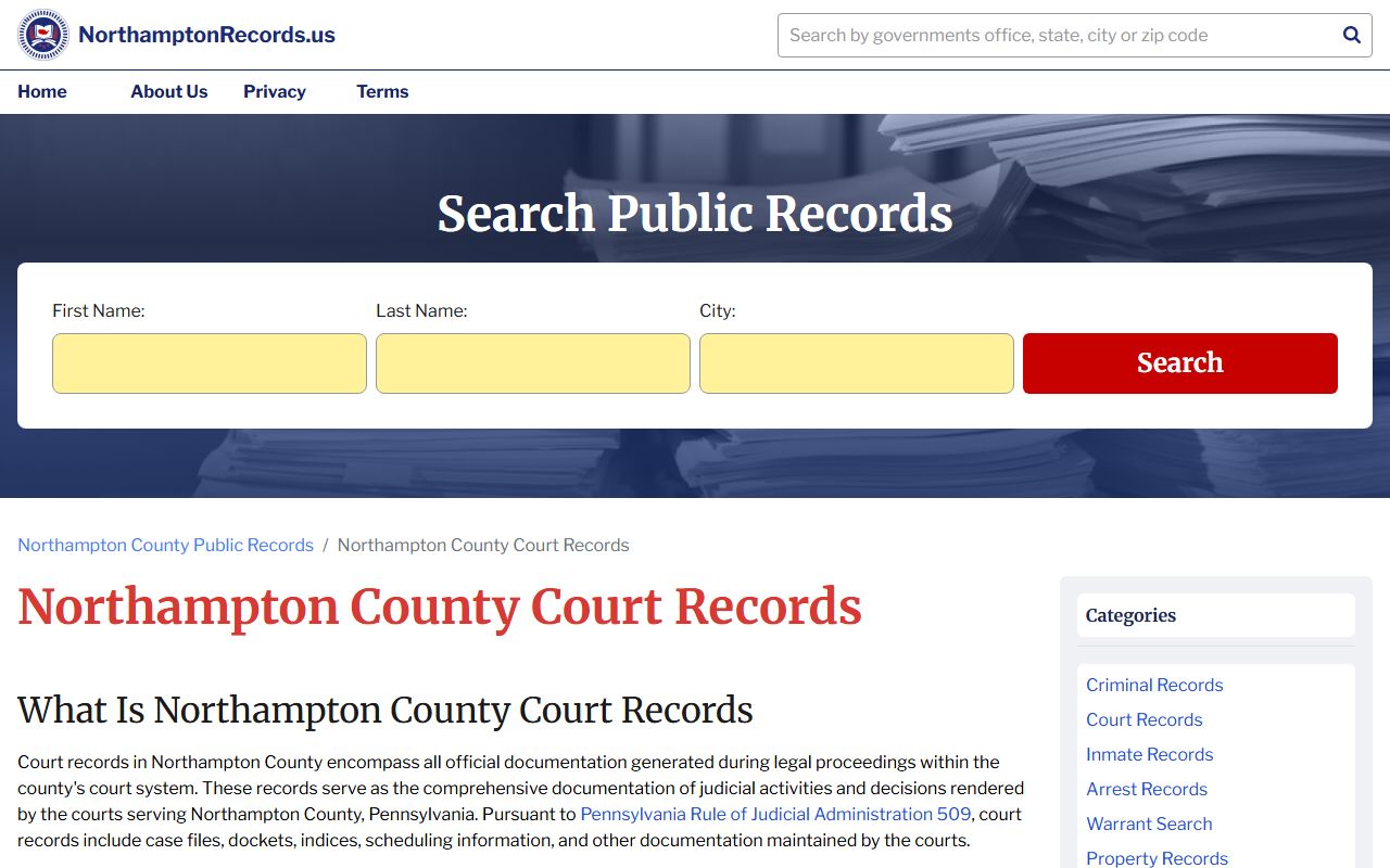 Northampton County court records access page showing traffic record availability