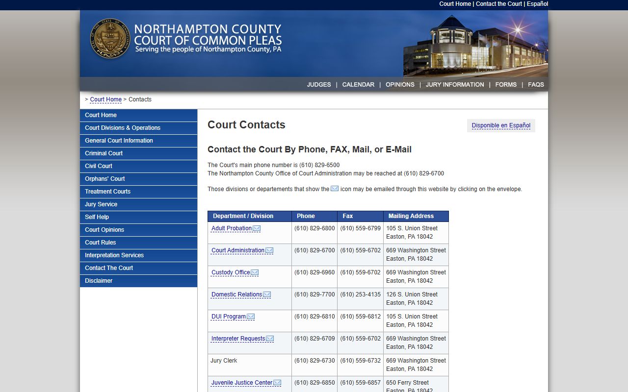 Northampton County Court contacts page listing all office phone numbers