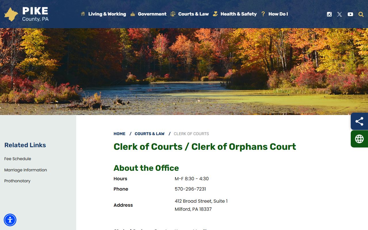 Pike County Clerk of Courts office in Milford PA for traffic court records