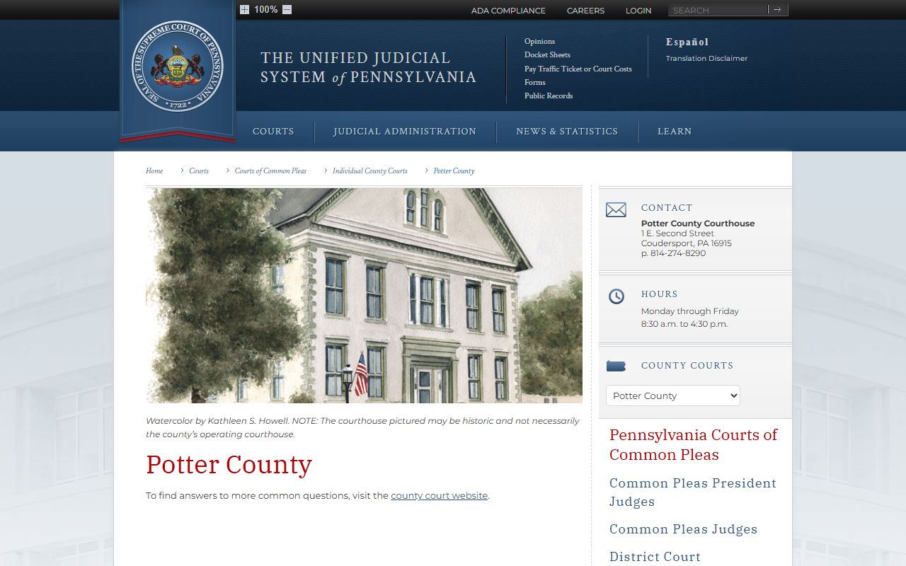 Potter County Prothonotary and Clerk of Courts page on Pennsylvania Courts website