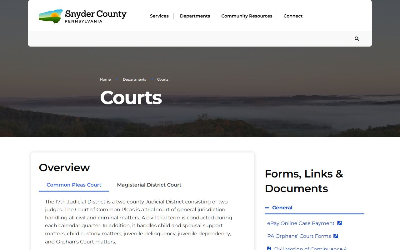 Snyder County courts website with traffic case and court record information