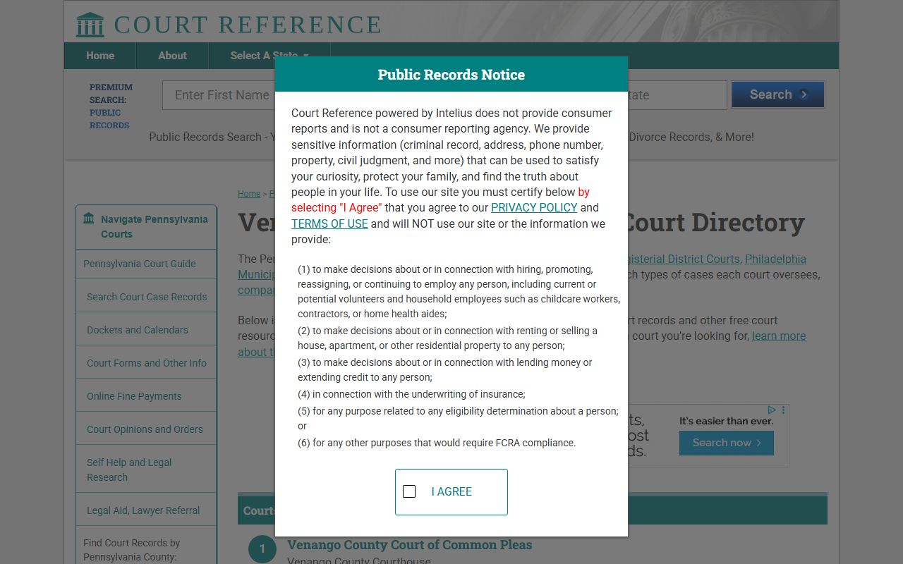 Venango County Pennsylvania court directory showing MDJ offices and clerk contact information