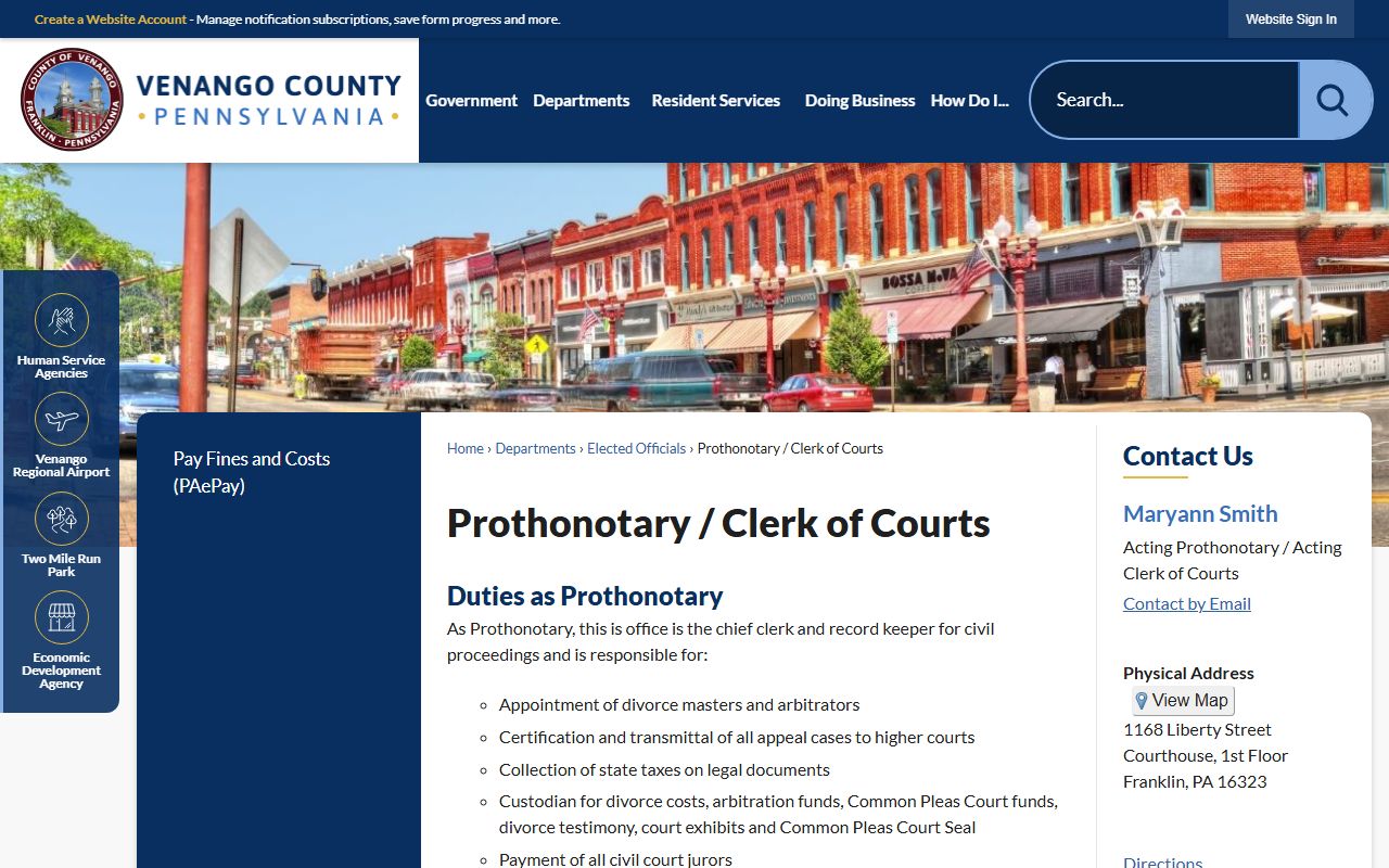 Venango County Prothonotary and Clerk of Courts office information on county website