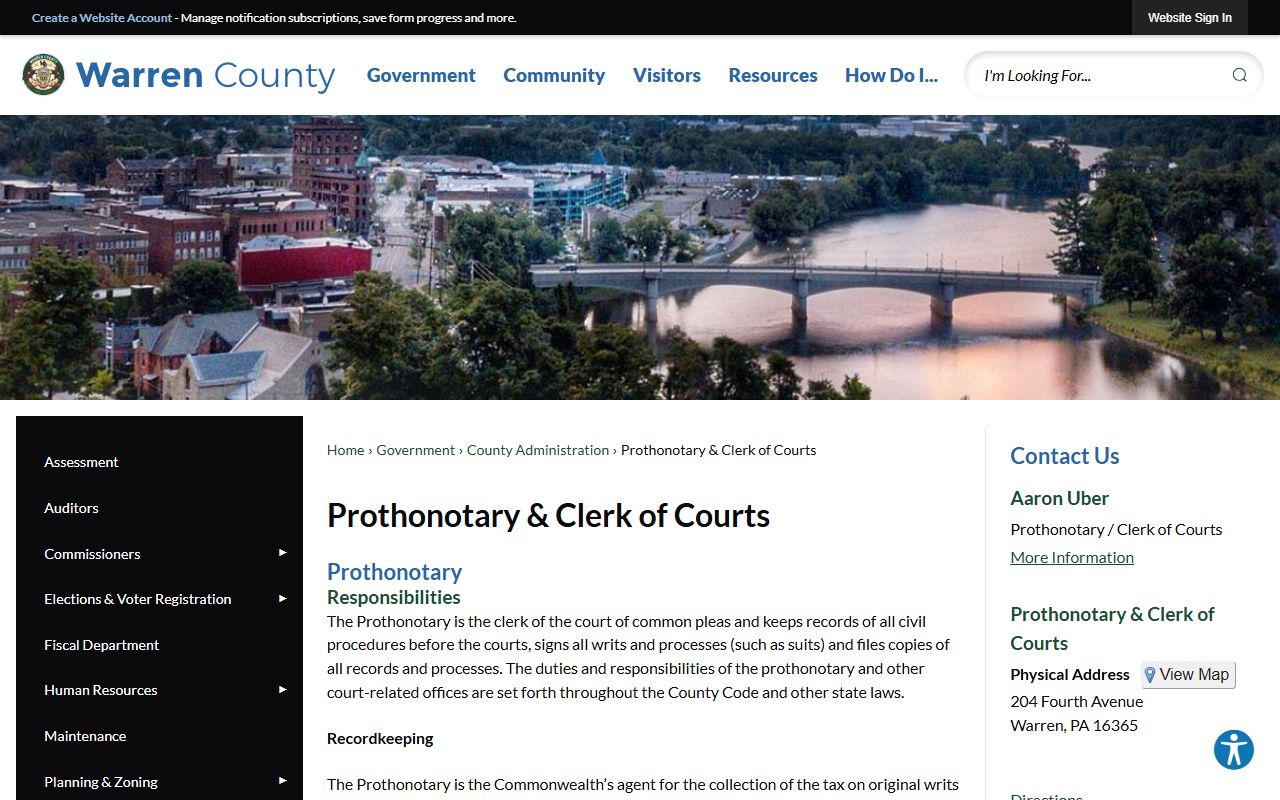 Warren County Prothonotary and Clerk of Courts office information on official website