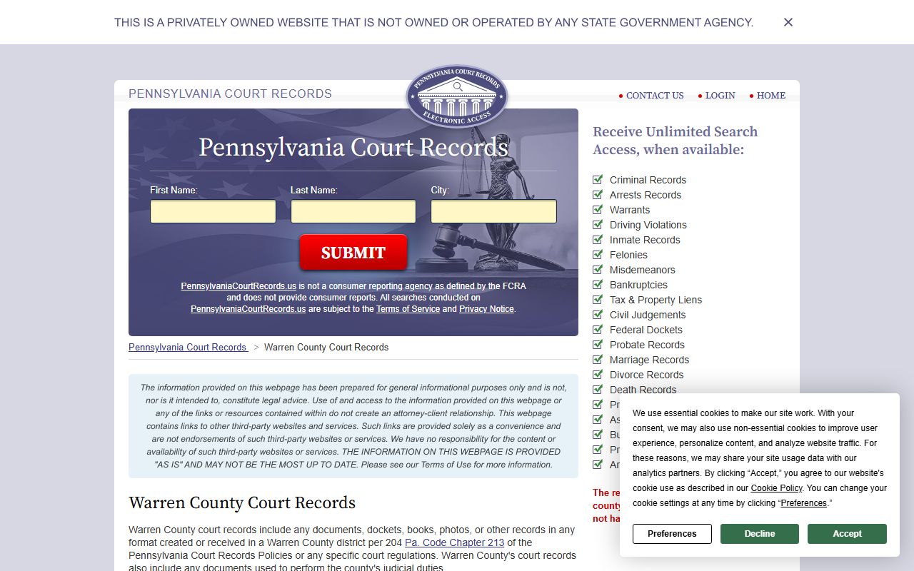 Warren County court records page showing traffic docket and public access information