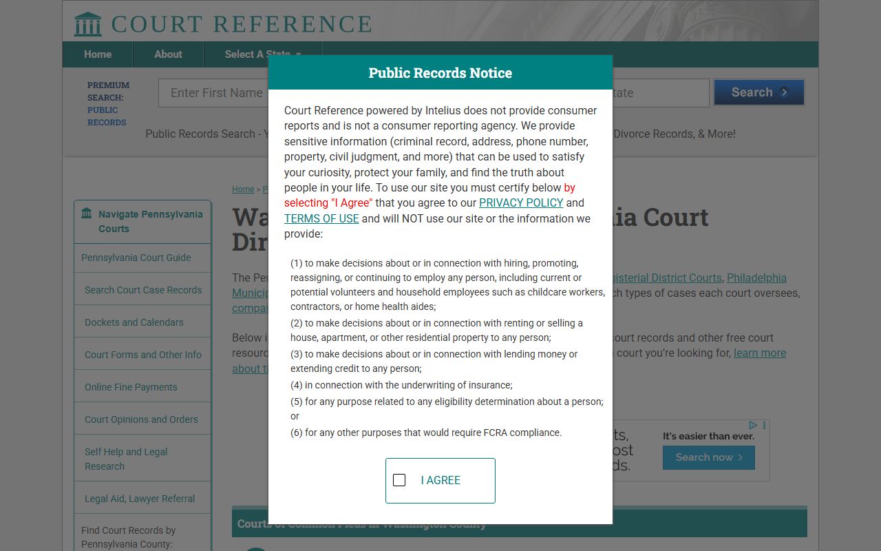 Washington County court directory listing MDJ locations and traffic court records