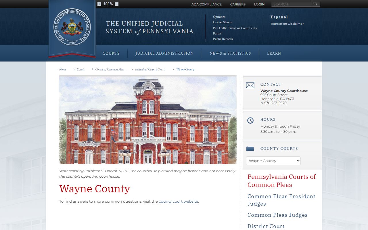 Wayne County on Pennsylvania Courts website showing 22nd Judicial District traffic court records
