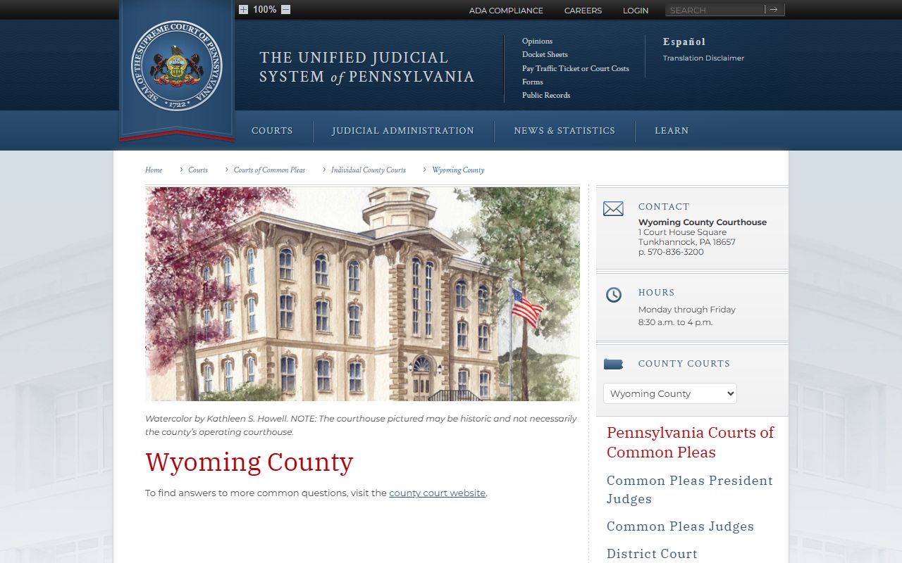 Wyoming County Court of Common Pleas listing on Pennsylvania Courts website for traffic records
