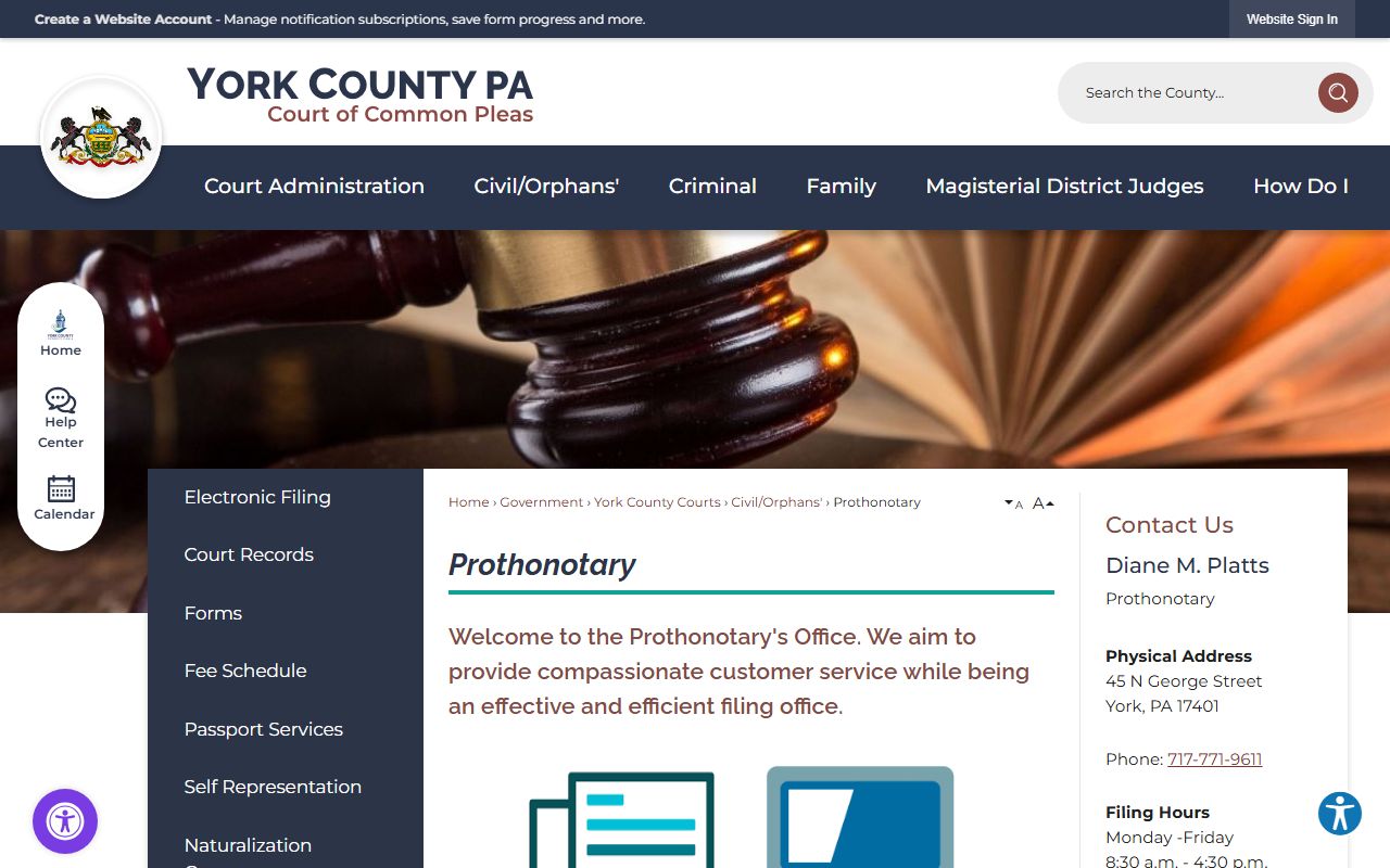 York County Prothonotary office for civil traffic court records and case access