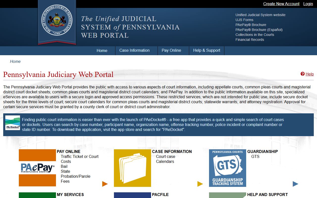 Pennsylvania UJS Portal homepage for searching traffic court records online