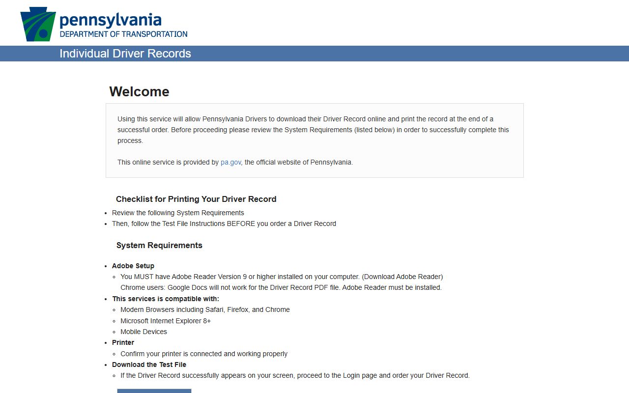 PennDOT Individual Driver Records online portal for Pennsylvania traffic court records and violation history