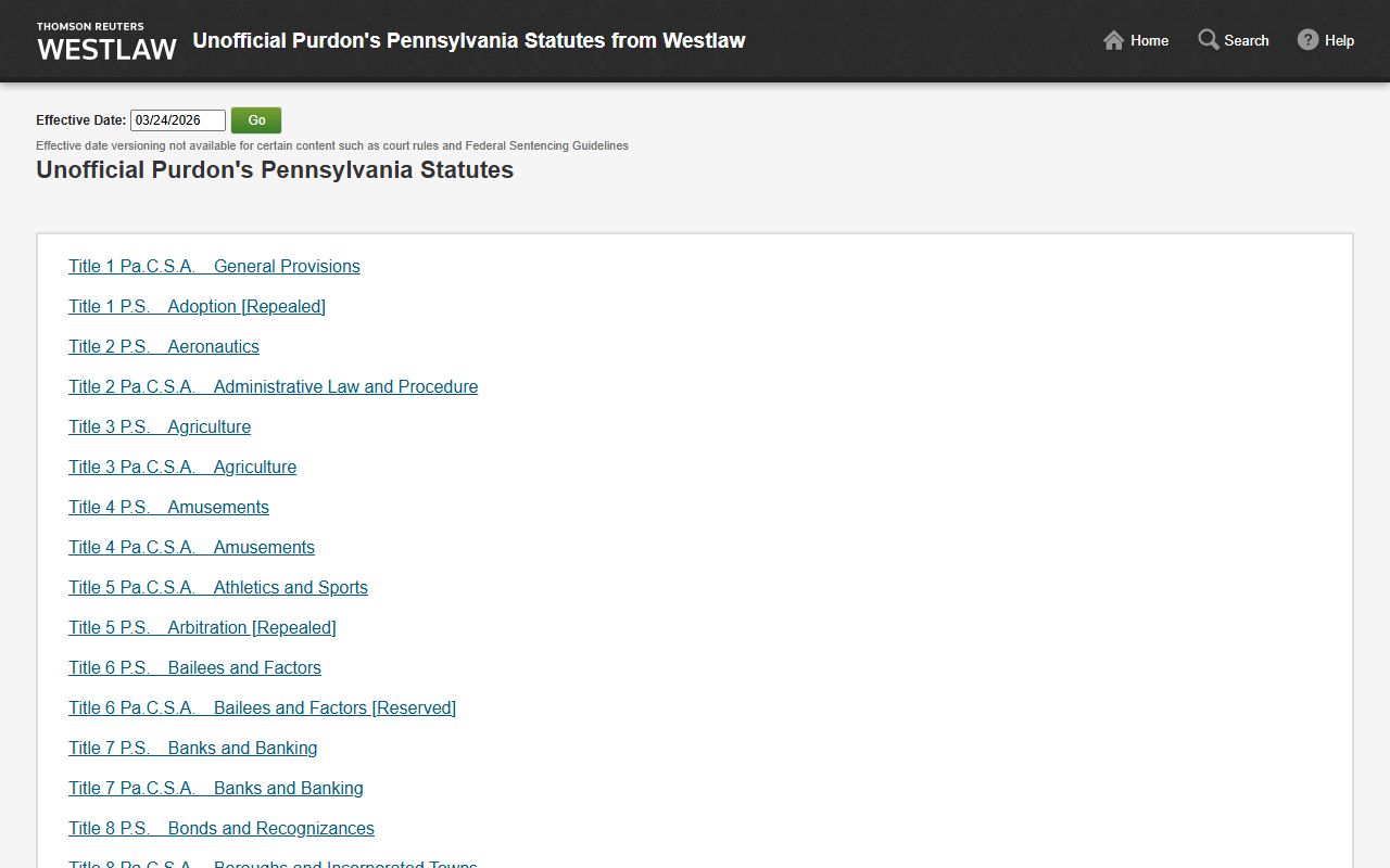 Westlaw Pennsylvania Vehicle Code Title 75 page for traffic court records and traffic law research