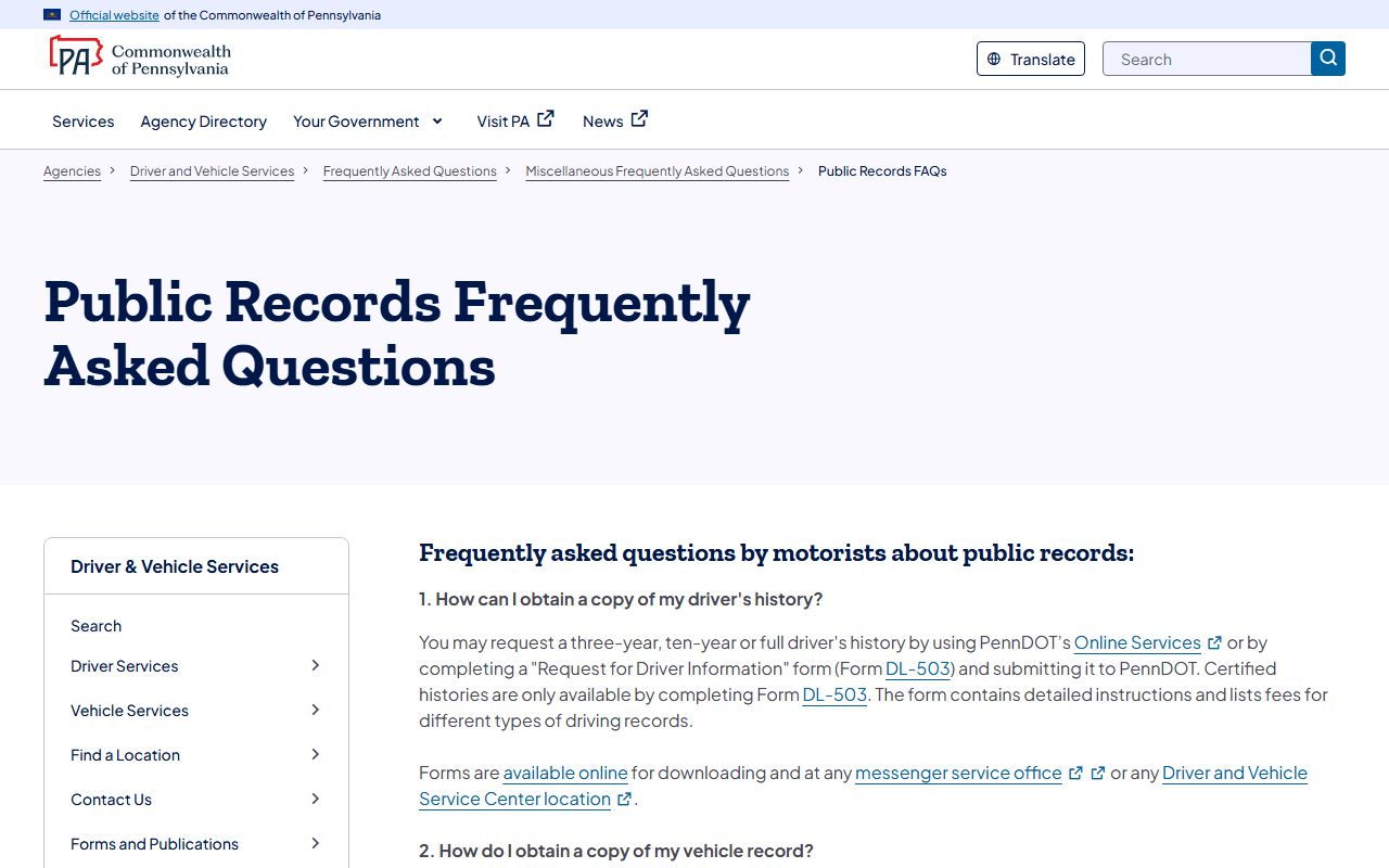 PennDOT Public Records FAQ page for Pennsylvania traffic court records and driver history requests