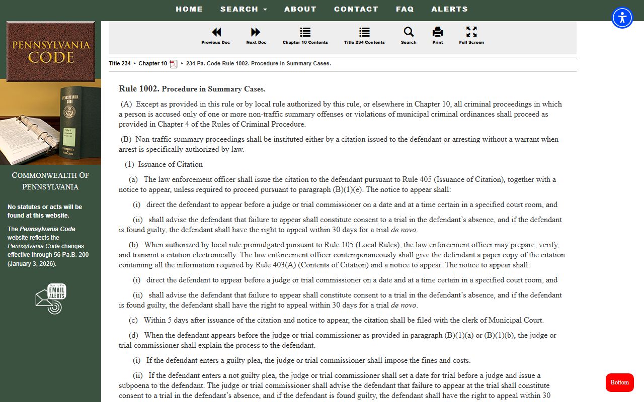 Pennsylvania Code Rule 1002 page covering procedures for traffic court records and summary cases