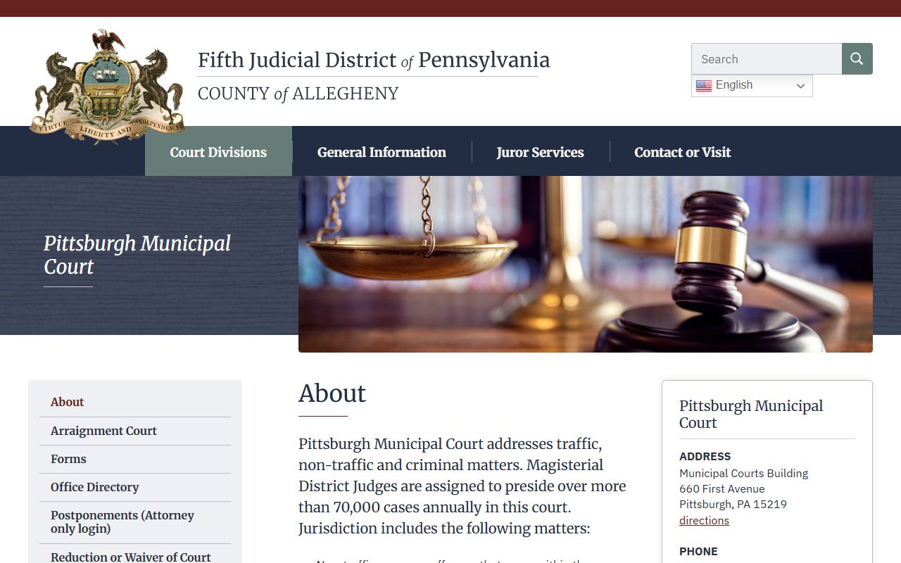 Pittsburgh Municipal Court about page showing Pennsylvania traffic court records jurisdiction and contact details