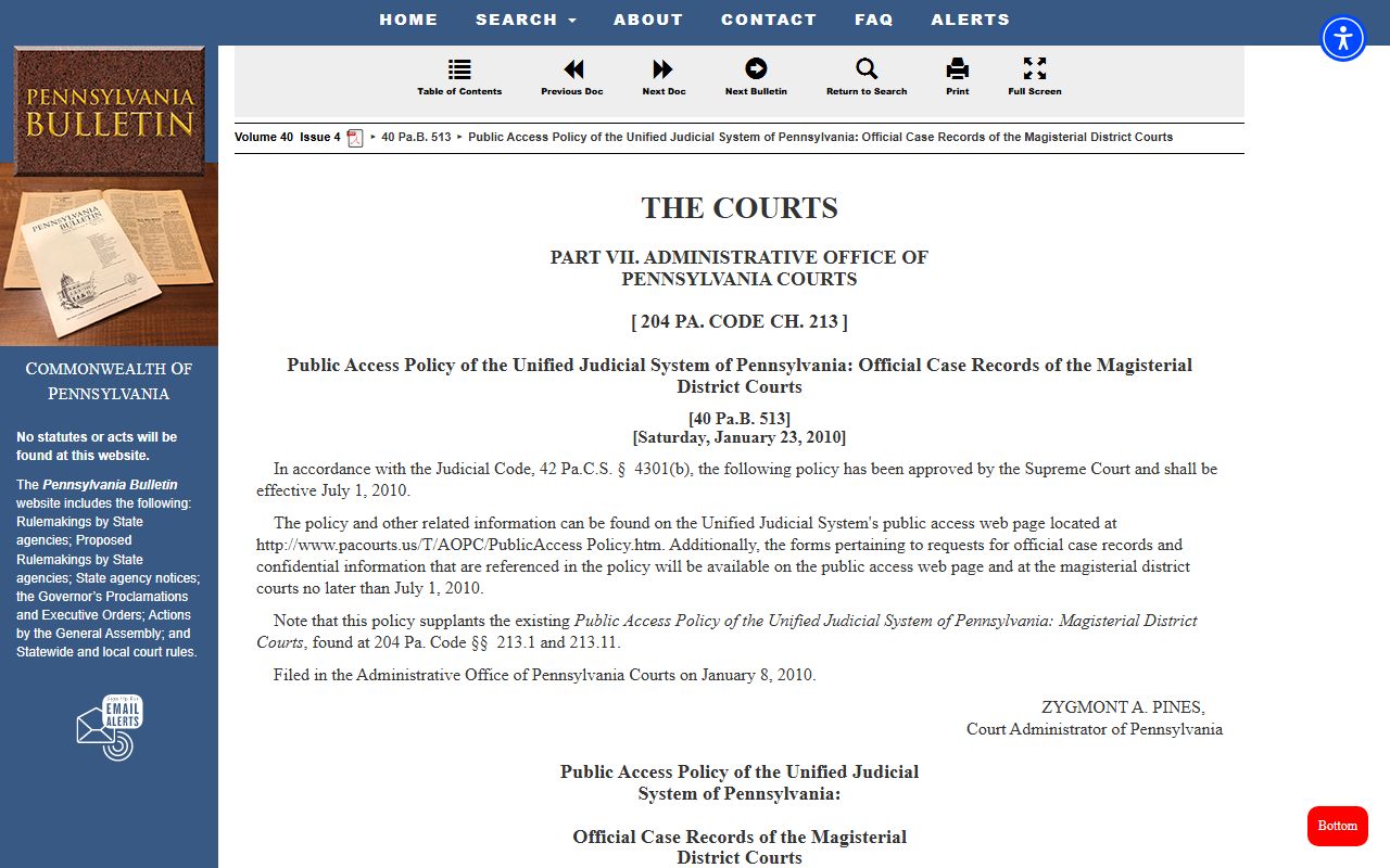 Pennsylvania Bulletin AOPC public access policy page for Magisterial District Court traffic court records